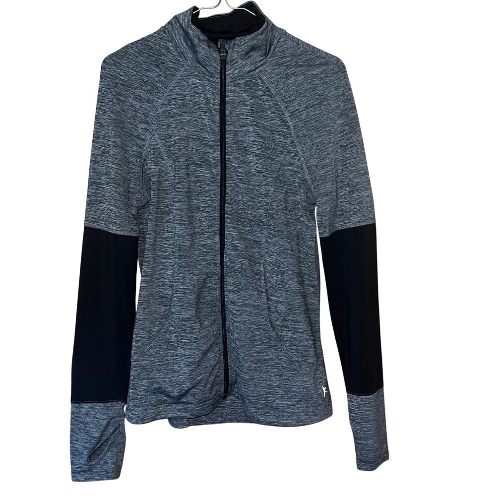 Gray Black Long Sleeve Zip Up Athletic Jacket Hoodie Size Medium w/ Thumb Holes